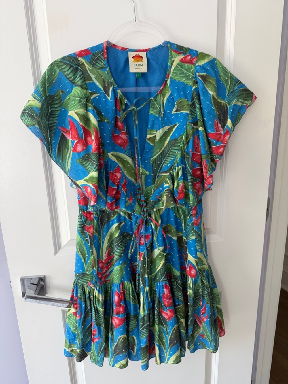 FARM Rio Blue Tropical Floral Tie-Waist Mini Dress